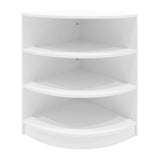 Eckregal in Weiß mit vier offenen Regalböden, ideal für Verkaufsflächen, modernes Design und glatte, matte Oberfläche für eine elegante Präsentation