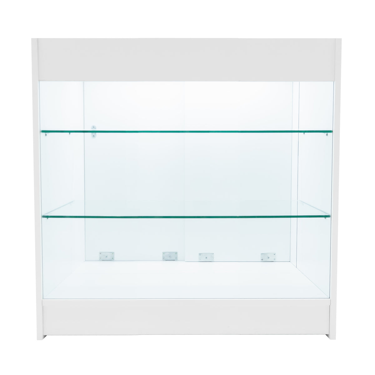 Weißes Verkaufstheken-Set mit zwei Glasregalen, elegant und modern, ideal für die Präsentation von Produkten in Geschäften oder Messen