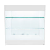 Weißes Verkaufstheken-Set mit zwei Glasregalen, elegant und modern, ideal für die Präsentation von Produkten in Geschäften oder Messen