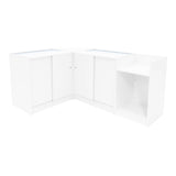 Weißes Verkaufstheken-Set mit zwei Vitrinen und einem offenen Regal, ideal für die Präsentation von Produkten in einem modernen Verkaufsraum