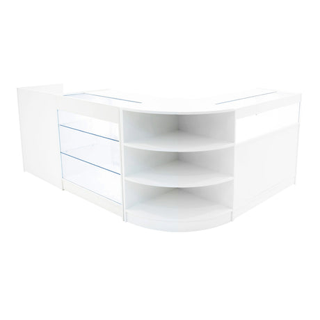 Elegantes Verkaufstheken-Set in Weiß mit glatten Oberflächen, klaren Glasregalen und abgerundeten Kanten, ideal für moderne Verkaufsräume