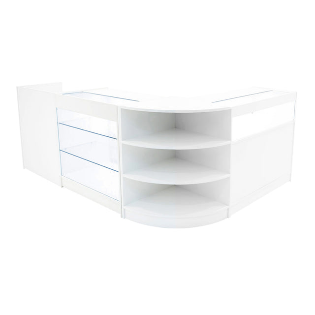 Elegantes Verkaufstheken-Set in Weiß mit glatten Oberflächen, klaren Glasregalen und abgerundeten Kanten, ideal für moderne Verkaufsräume