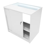Weißes Hyperion LED Verkaufstheken-Set mit Schiebetür, Glasoberfläche und mehreren Regalen für optimale Präsentation und Stauraum
