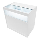 Weißes Hyperion LED Verkaufstheken-Set mit gläserner Oberseite, beleuchtetem Innenraum und modernem, minimalistischen Design für Verkaufsräume