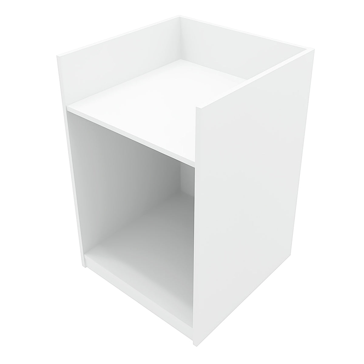 Weißes Hyperion LED Verkaufstheken-Set mit klaren Linien, glatter Oberfläche und modernem Design, ideal für Verkaufsräume und Ausstellungen