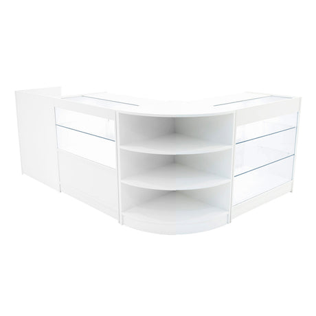 Elegantes, weißes LED-Verkaufstheken-Set mit klaren Glasflächen, abgerundeten Ecken und offenen Regalen für optimale Produktpräsentation