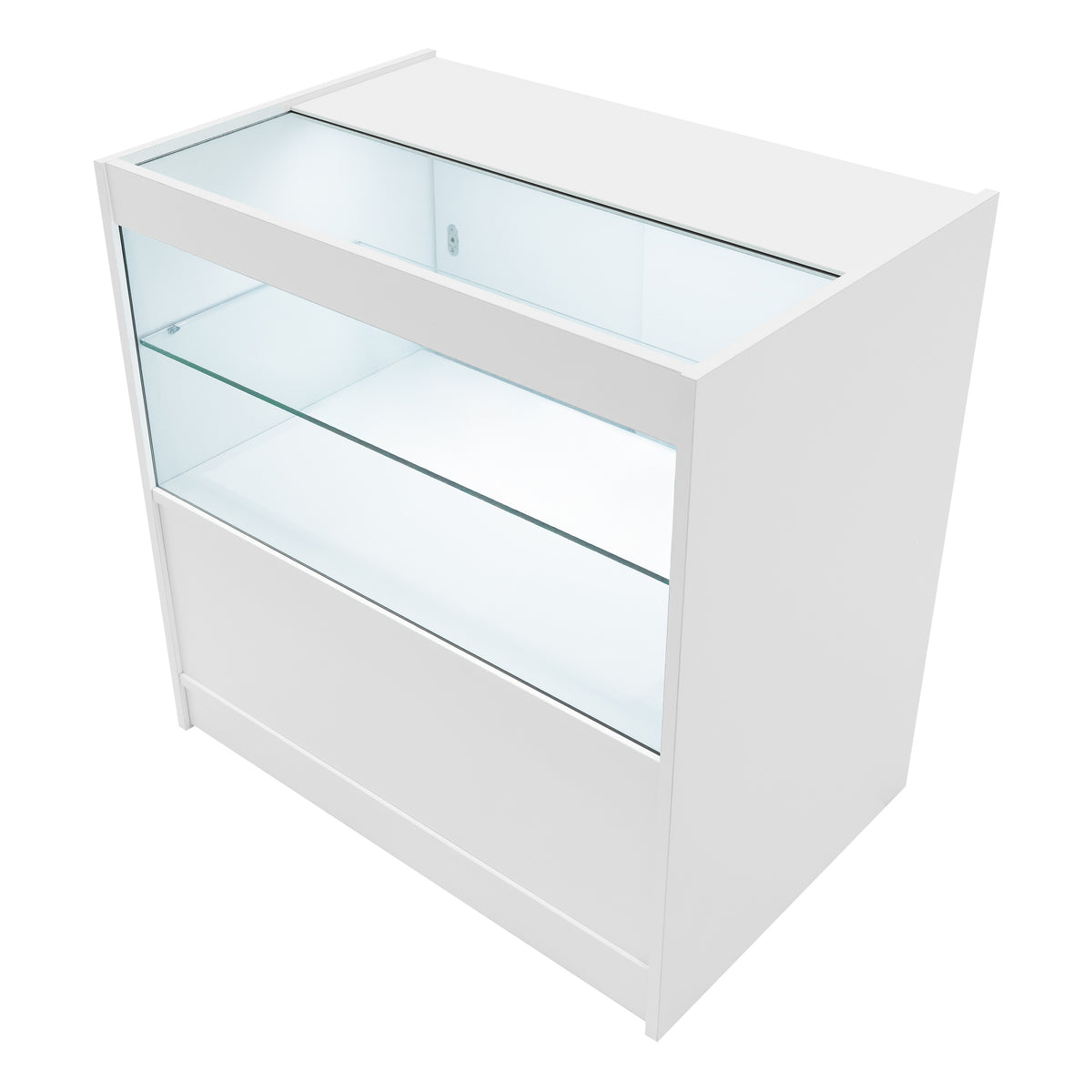 Elegante, weiße LED-Verkaufstheke mit gläsernen Regalen und einer modernen, minimalistischen Form, ideal für Präsentationen und Ausstellungen
