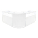 Elegantes, weißes Verkaufstheken-Set mit abgerundeten Kanten, ideal für den Einzelhandel, mit klaren Glasflächen für optimale Sichtbarkeit der Produkte