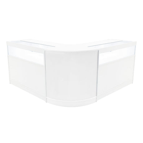 Elegantes, weißes Verkaufstheken-Set mit abgerundeten Kanten, ideal für den Einzelhandel, mit klaren Glasflächen für optimale Sichtbarkeit der Produkte
