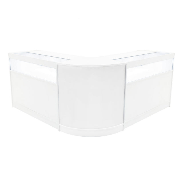 Elegantes, weißes Verkaufstheken-Set mit abgerundeten Kanten, ideal für den Einzelhandel, mit klaren Glasflächen für optimale Sichtbarkeit der Produkte