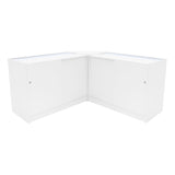 Eckiges Verkaufstheken-Set in Weiß, bestehend aus zwei Einheiten mit glatten Oberflächen, integrierter LED-Beleuchtung und modernen, minimalistischen Designs