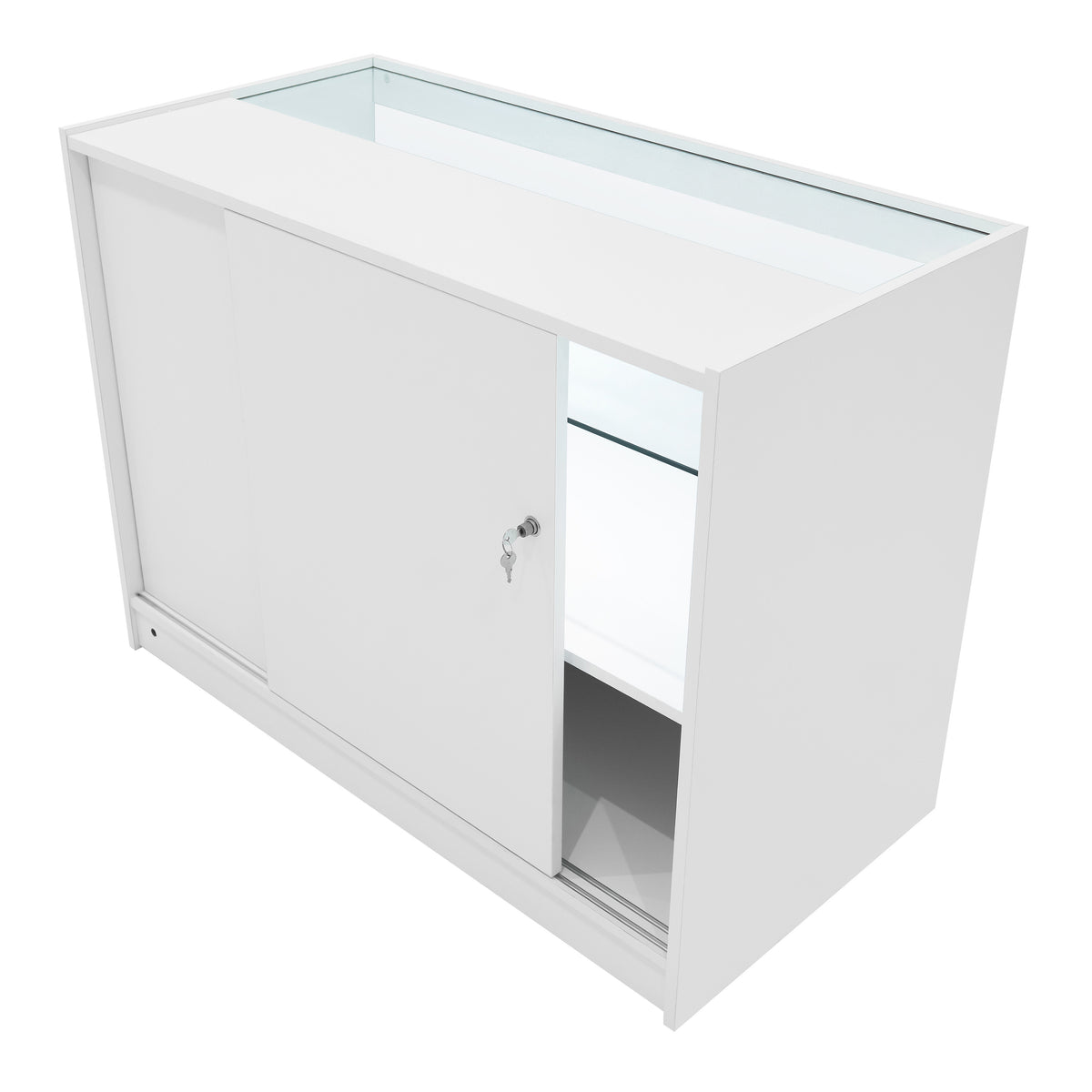 Weißes LED Verkaufstheken-Set mit gläserner Oberseite, zwei Schiebetüren und einem eleganten, modernen Design, ideal für Ausstellungen und Verkaufsräume