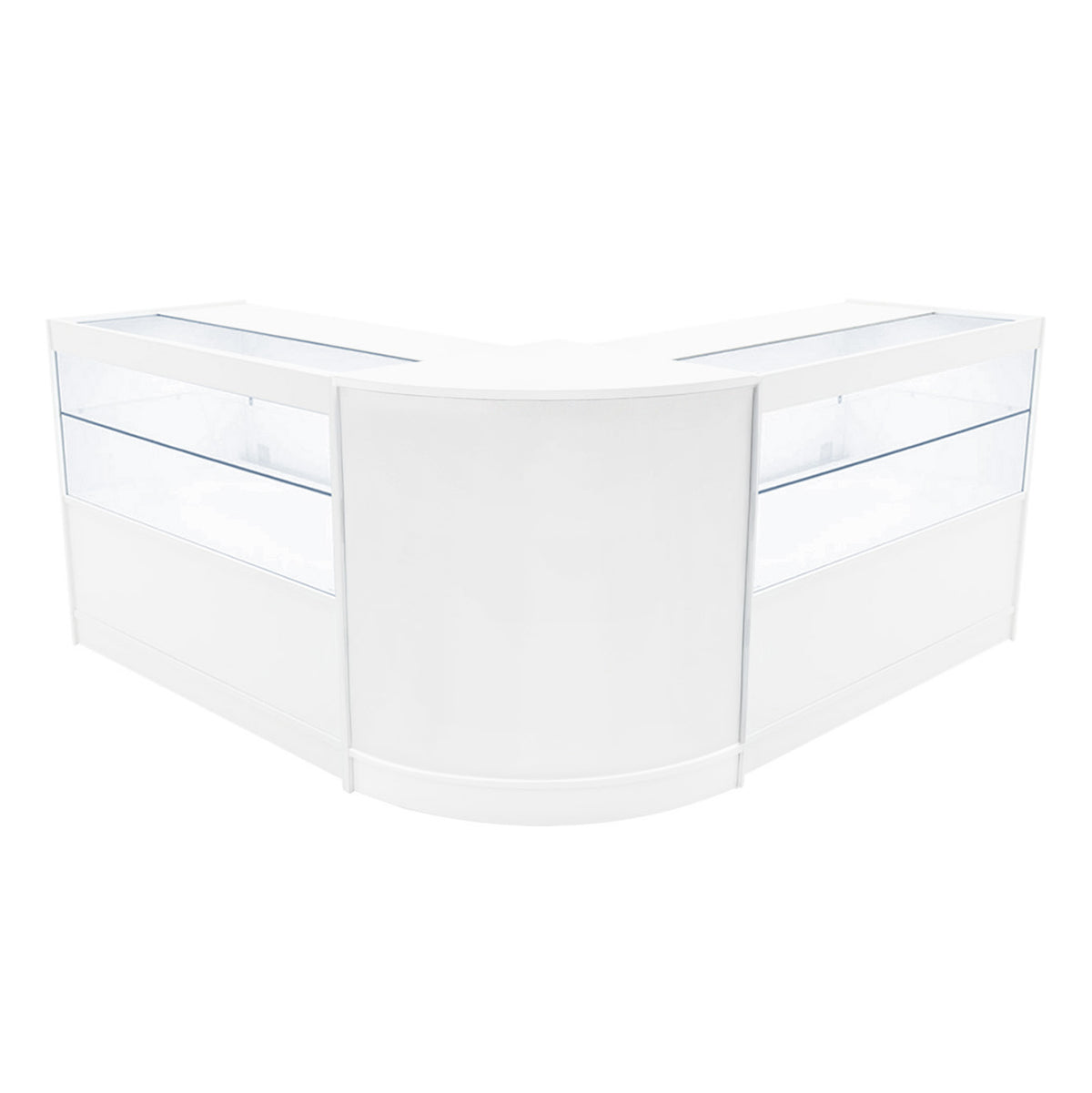 Elegantes, weißes LED-Verkaufstheken-Set mit zwei Vitrinen, abgerundeten Kanten und klaren Glasflächen für optimale Produktpräsentation