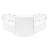 Elegantes, weißes LED-Verkaufstheken-Set mit zwei Vitrinen, abgerundeten Kanten und klaren Glasflächen für optimale Produktpräsentation