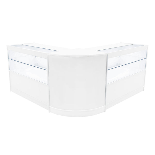 Elegantes, weißes LED-Verkaufstheken-Set mit zwei Vitrinen, abgerundeten Kanten und klaren Glasflächen für optimale Produktpräsentation