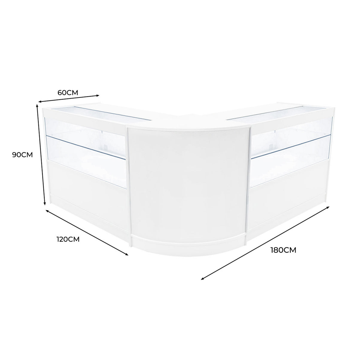 Elegantes, weißes LED Verkaufstheken-Set mit zwei Ecken, transparenten Glasflächen und modernen, klaren Linien, ideal für Verkaufsräume