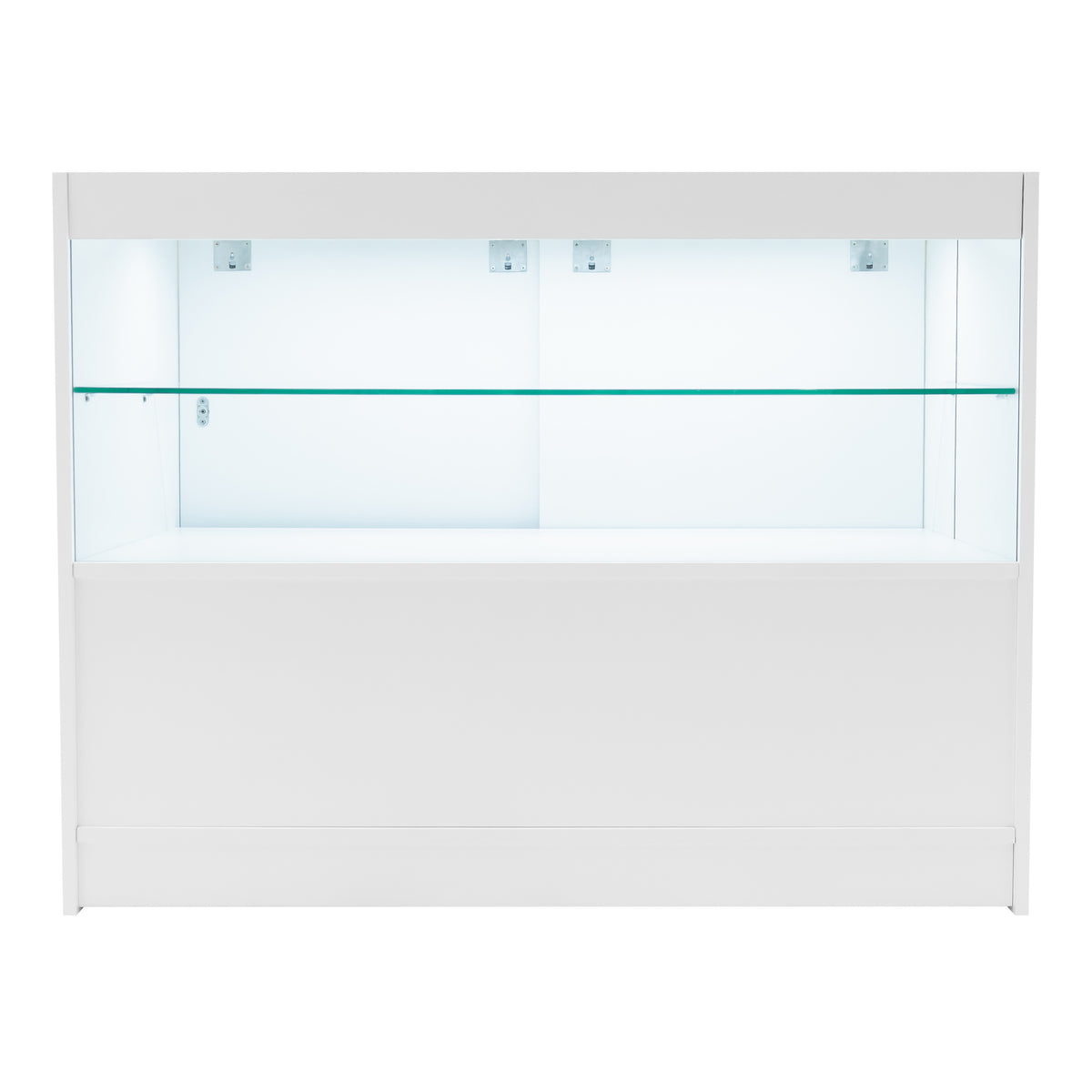 Weißes LED Verkaufstheken-Set mit zwei Regalen, glatten Oberflächen und integrierter Beleuchtung, ideal für die Präsentation von Produkten