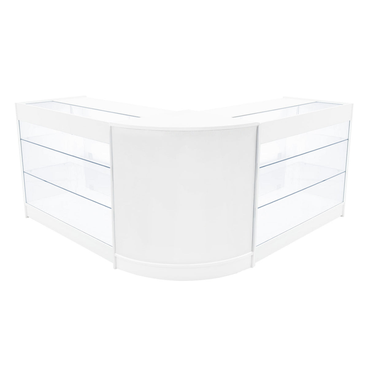 Elegantes, weißes Verkaufstheken-Set mit zwei Ecken, transparenten Glasregalen und glatter Oberfläche, ideal für moderne Verkaufsräume