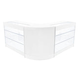 Elegantes, weißes Verkaufstheken-Set mit zwei Ecken, transparenten Glasregalen und glatter Oberfläche, ideal für moderne Verkaufsräume