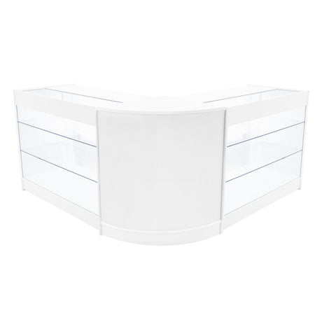Elegantes, weißes Verkaufstheken-Set mit zwei Ecken, transparenten Glasregalen und glatter Oberfläche, ideal für moderne Verkaufsräume