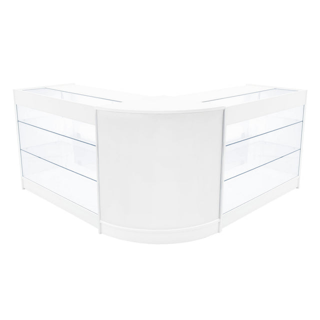 Elegantes, weißes Verkaufstheken-Set mit zwei Ecken, transparenten Glasregalen und glatter Oberfläche, ideal für moderne Verkaufsräume