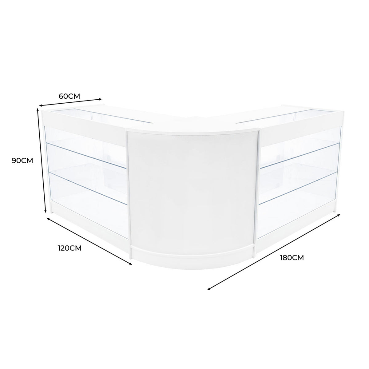 Elegantes, weißes LED Verkaufstheken-Set mit klaren Glasregalen, abgerundeten Kanten und modernen Maßen von 60x120x90 cm, ideal für Verkaufsräume