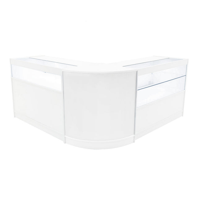 Elegante weiße LED Ladentheke mit gläsernen Vitrinen, abgerundeten Kanten und modernem Design, ideal für Einzelhandelsgeschäfte und Ausstellungen
