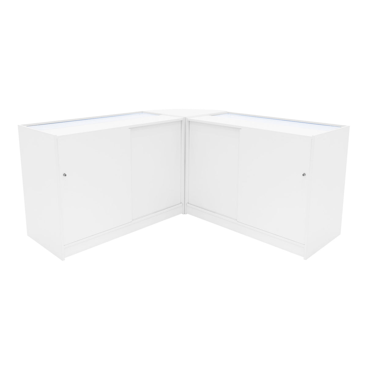 Eckige, weiße LED Ladentheke mit glatten Oberflächen, zwei großen Schubladen und transparentem Glas, ideal für moderne Verkaufsräume