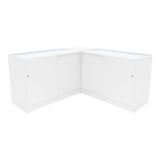 Eckige, weiße LED Ladentheke mit glatten Oberflächen, zwei großen Schubladen und transparentem Glas, ideal für moderne Verkaufsräume