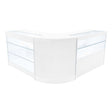 Elegantes Verkaufstheken-Set in Weiß mit gläsernen Regalen, abgerundeten Kanten und modernem Design, ideal für Einzelhandelsumgebungen