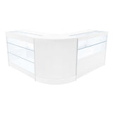 Elegantes Verkaufstheken-Set in Weiß mit gläsernen Regalen, abgerundeten Kanten und modernem Design, ideal für Einzelhandelsumgebungen