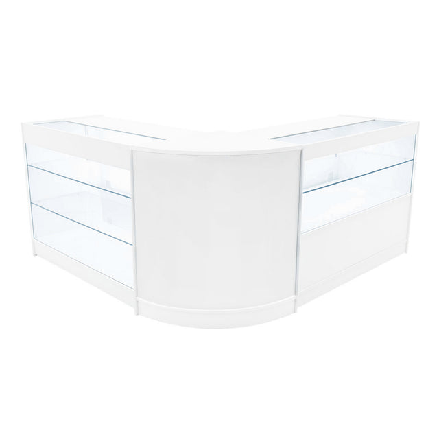 Elegantes Verkaufstheken-Set in Weiß mit gläsernen Regalen, abgerundeten Kanten und modernem Design, ideal für Einzelhandelsumgebungen