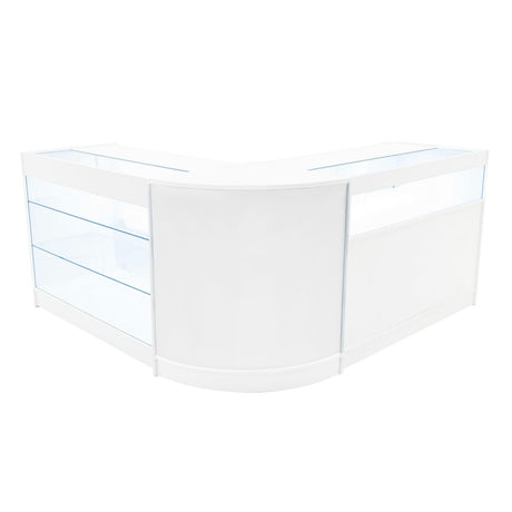 Elegantes, weißes Triton LED Verkaufstheken-Set mit gläsernen Regalen und abgerundeten Kanten, ideal für moderne Verkaufsräume