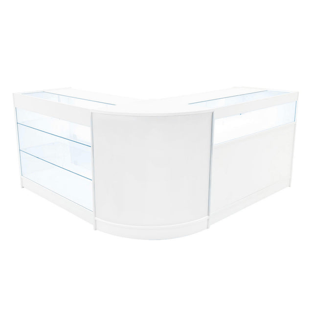 Elegantes, weißes Triton LED Verkaufstheken-Set mit gläsernen Regalen und abgerundeten Kanten, ideal für moderne Verkaufsräume