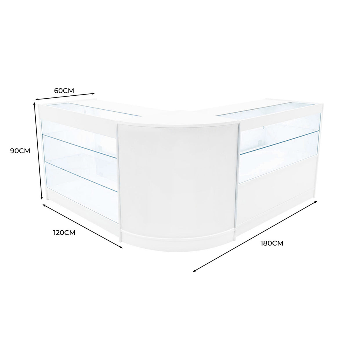 Elegantes, weißes Hera LED Verkaufstheken-Set mit gläsernen Regalen, abgerundeten Kanten und LED-Beleuchtung, ideal für Verkaufsräume und Ausstellungen