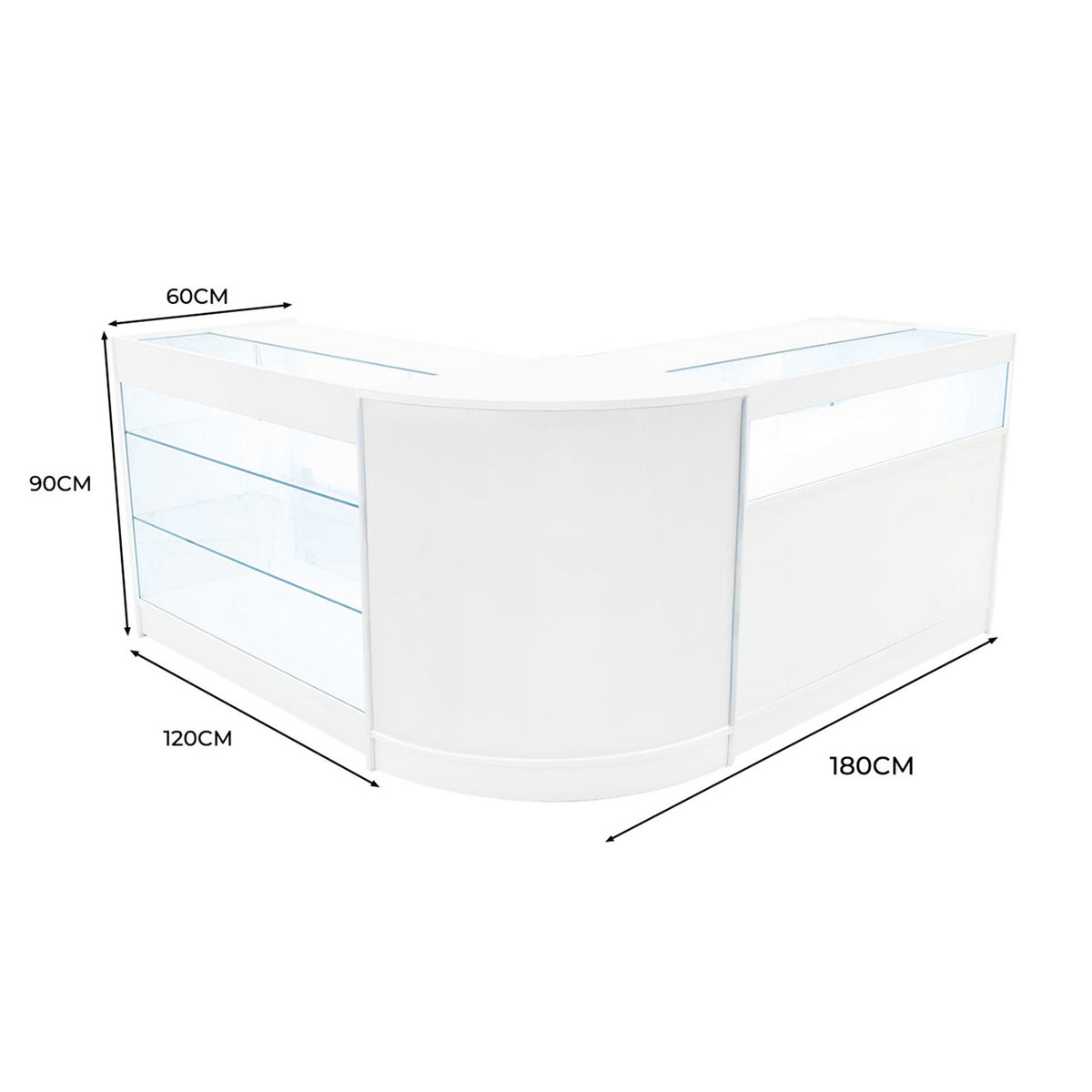 Elegantes, weißes Triton LED Verkaufstheken-Set mit klaren Glasregalen, abgerundeten Kanten und modernen Maßen von 60 cm, 120 cm und 180 cm