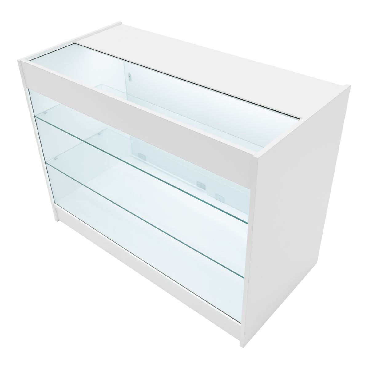 Elegante weiße Verkaufstheke mit LED-Beleuchtung, gläsernen Regalen und modernem Design, ideal für Einzelhandelsumgebungen und Ausstellungen