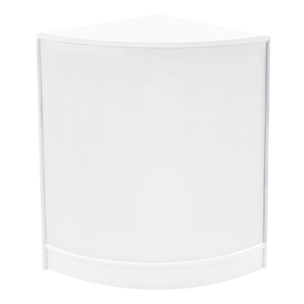 Eckige, weiße LED-Verkaufstheke mit glatter Oberfläche und abgerundeter Front, ideal für Verkaufsräume und Ausstellungen