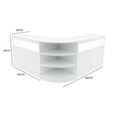 Elegantes, weißes LED-Verkaufstheken-Set mit abgerundeten Kanten, drei offenen Regalen und klaren Sichtfenstern, ideal für moderne Verkaufsräume