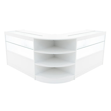 Elegantes Andromeda LED Verkaufstheken-Set in Weiß, mit gläsernen Vitrinen und abgerundeten Kanten, ideal für moderne Verkaufsräume