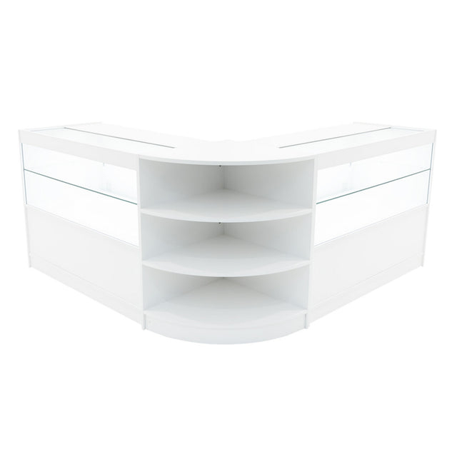 Elegantes Andromeda LED Verkaufstheken-Set in Weiß, mit gläsernen Vitrinen und abgerundeten Kanten, ideal für moderne Verkaufsräume