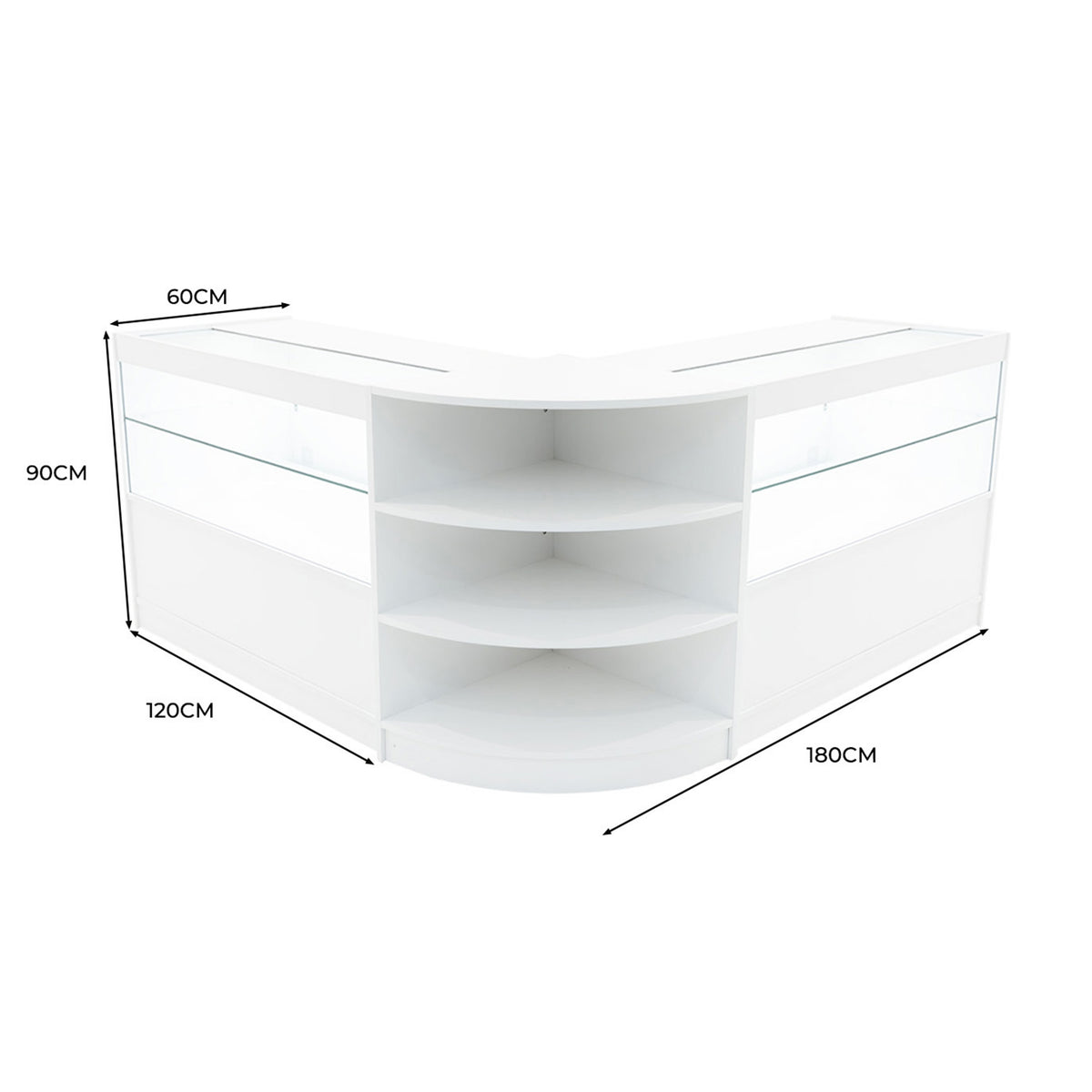 Elegantes Andromeda LED Verkaufstheken-Set in Weiß, mit klaren Glasflächen, abgerundeten Kanten und großzügigem Stauraum für Produkte und Präsentationen