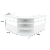 Elegantes Andromeda LED Verkaufstheken-Set in Weiß, mit klaren Glasflächen, abgerundeten Kanten und großzügigem Stauraum für Produkte und Präsentationen