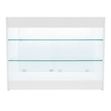 Weißes Verkaufstheken-Set mit zwei Regalen aus klarem Glas, modernem Design und glatten Oberflächen, ideal für die Präsentation von Produkten