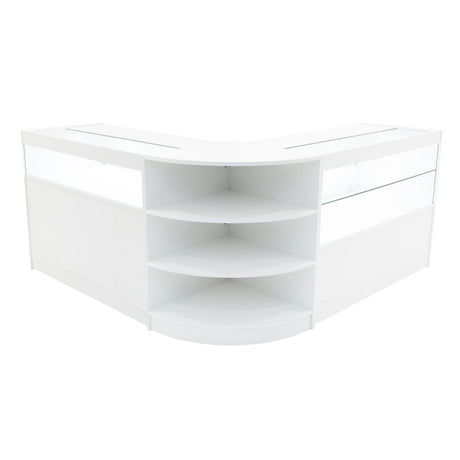 Elegantes, weißes Harmonia LED Verkaufstheken-Set mit gläsernen Vitrinen, abgerundeten Kanten und offenen Regalen für optimale Präsentation