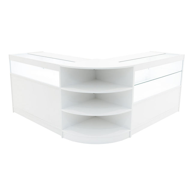 Elegantes, weißes Harmonia LED Verkaufstheken-Set mit gläsernen Vitrinen, abgerundeten Kanten und offenen Regalen für optimale Präsentation