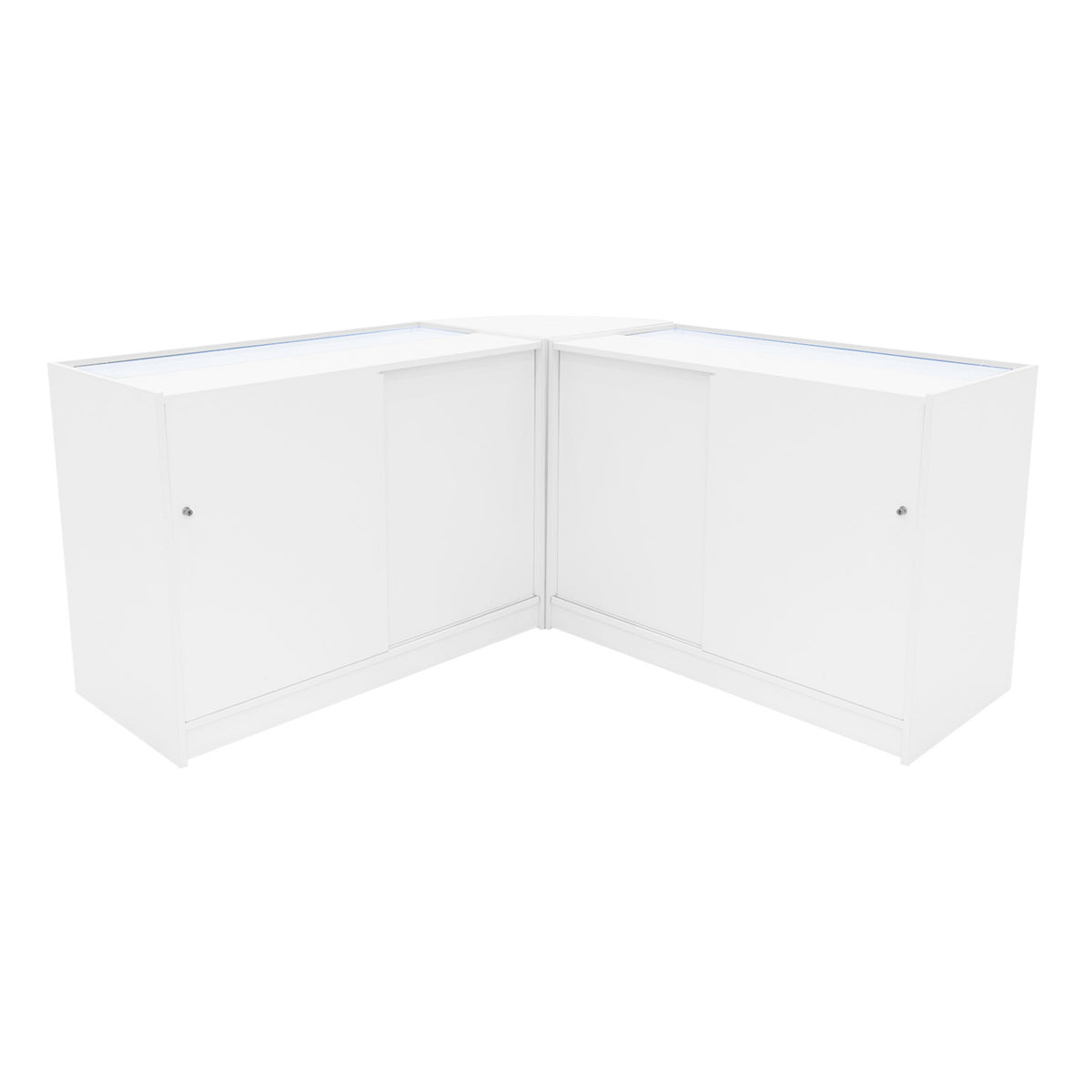Harmonia LED Verkaufstheken-Set in Weiß, bestehend aus zwei Ecken mit glatten Oberflächen, integrierter Beleuchtung und eleganten, modernen Linien