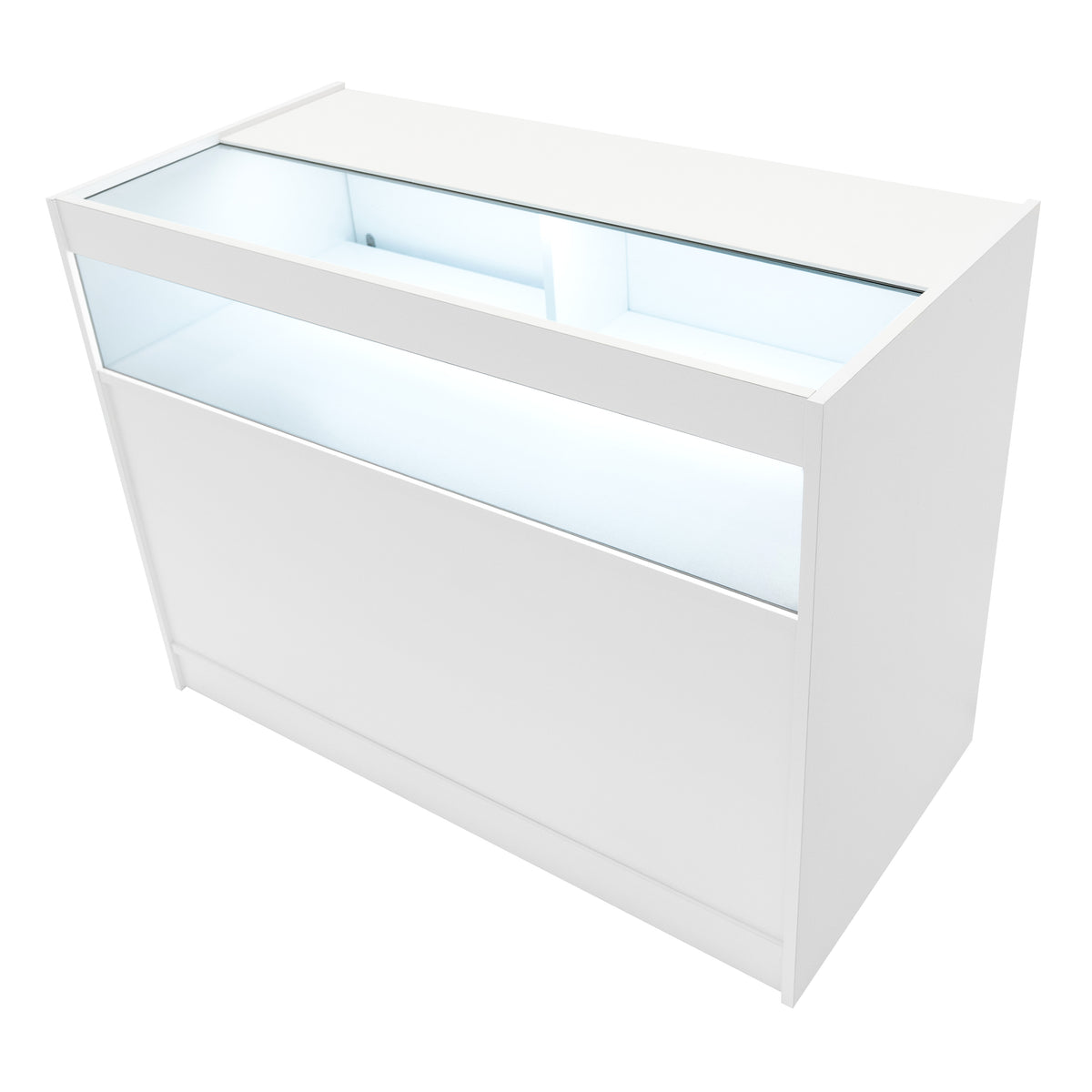 Elegante weiße Verkaufstheke mit LED-Beleuchtung, glatter Oberfläche und transparentem Glasfenster für eine ansprechende Präsentation von Produkten