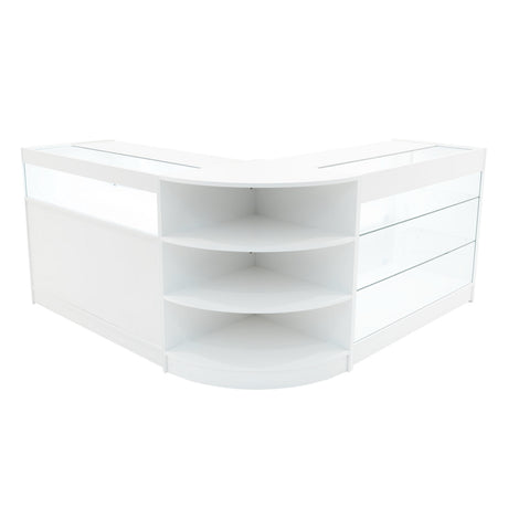 Elegantes, weißes LED-Verkaufstheken-Set mit gläsernen Regalen und abgerundeten Kanten, ideal für moderne Verkaufsräume und Ausstellungen