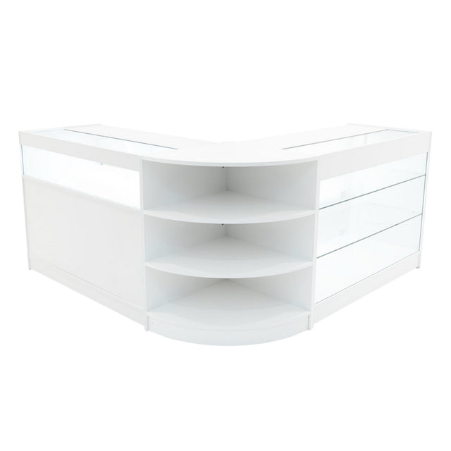 Elegantes, weißes LED-Verkaufstheken-Set mit gläsernen Regalen und abgerundeten Kanten, ideal für moderne Verkaufsräume und Ausstellungen